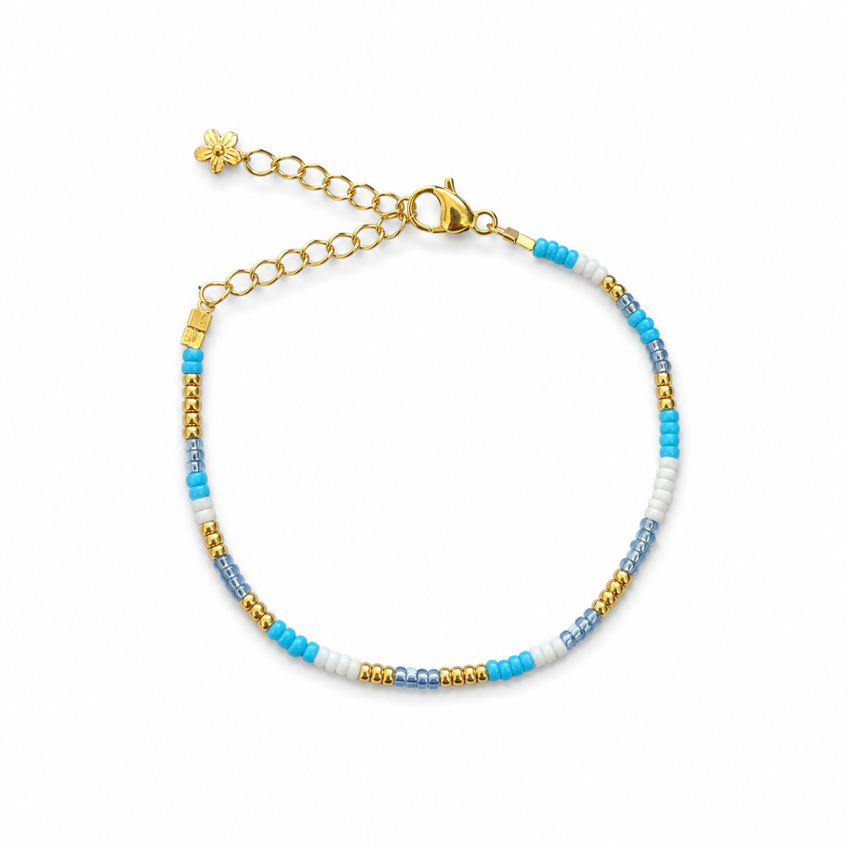 Santorini Bracelet – turquoise, white, blue and gold beaded bracelet with gold flower charm