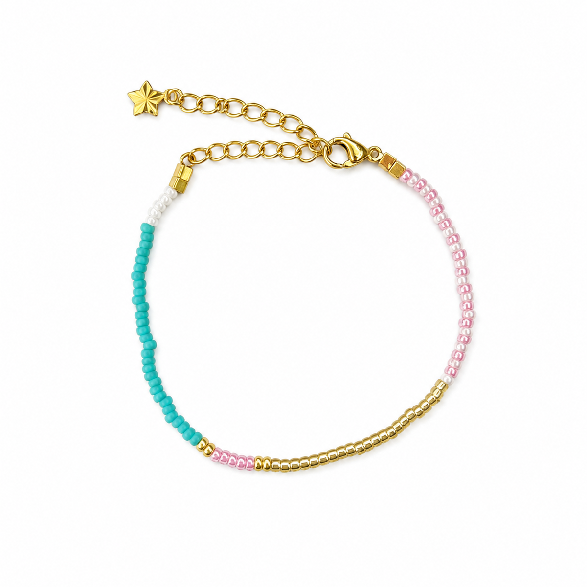 Flamingo Bracelet – pink, turquoise, white and gold beaded bracelet with gold star charm
